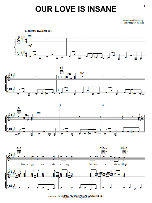 Desmond Child & Rouge Our Love Is Insane Sheet Music Notes & Chords for Piano, Vocal & Guitar (Right-Hand Melody) - Download or Print PDF