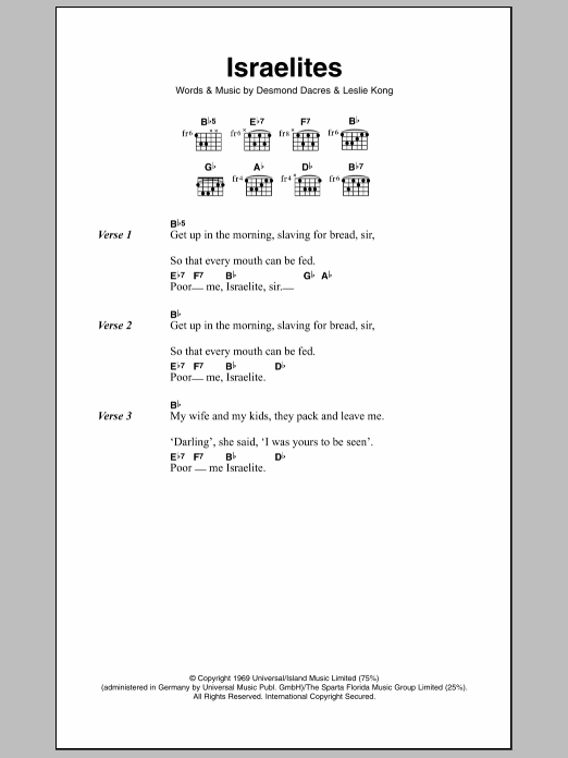 Desmond Dekker & The Aces The Israelites Sheet Music Notes & Chords for Lyrics & Chords - Download or Print PDF