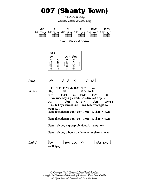 Preview Desmond Dekker 007 (Shanty Town) Reggae sheet music, notes and chords for Piano, Vocal & Guitar (Right-Hand Melody), SKU: 93388 007 (Shanty Town) sheet music