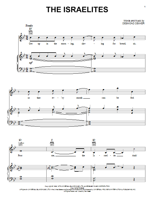 Preview Desmond Dekker & The Aces The Israelites Reggae sheet music, notes and chords for Piano, Vocal & Guitar (Right-Hand Melody), SKU: 23796 sheet music, piano notes, chords, guitar tabs, score, transpose, transcribe, how to play, guide, download, learn, tutorial, progression, song, artist, awards, billboard, mtv, vh1, tour, single, album, release
