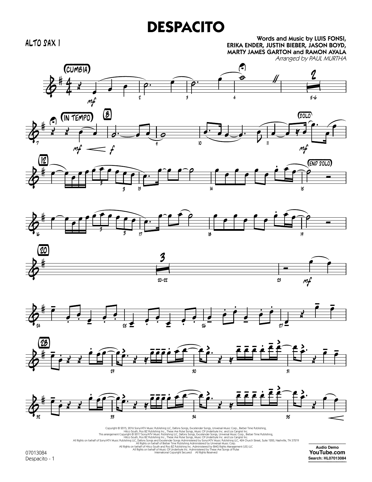 Luis Fonsi Daddy Yankee Feat Justin Bieber Despacito Arr Tom Wallace Alto Sax 1 Sheet Music Download Pdf Score 378508