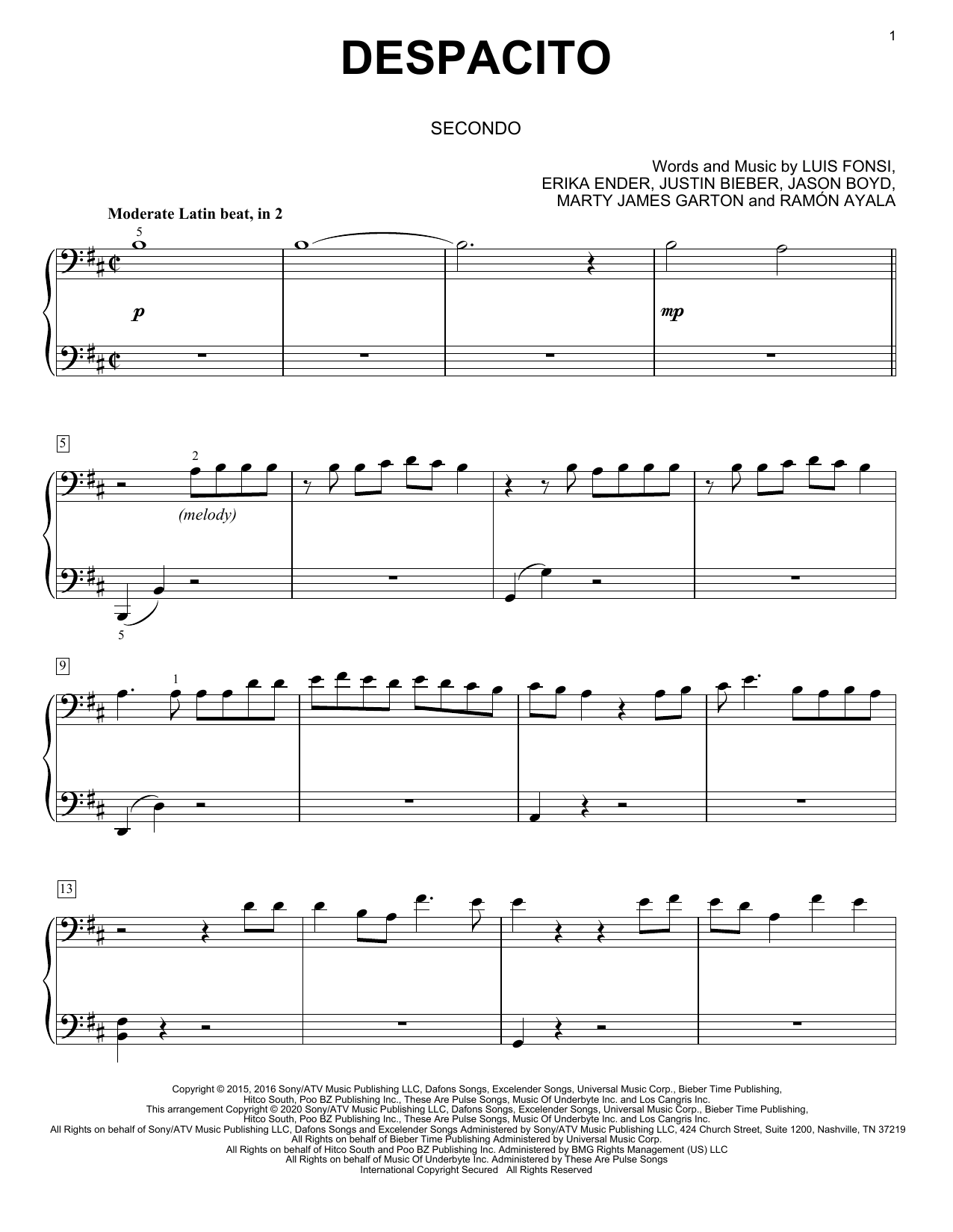 Luis Fonsi Daddy Yankee Feat Justin Bieber Despacito Arr David Pearl Sheet Music Download Pdf Score 433265