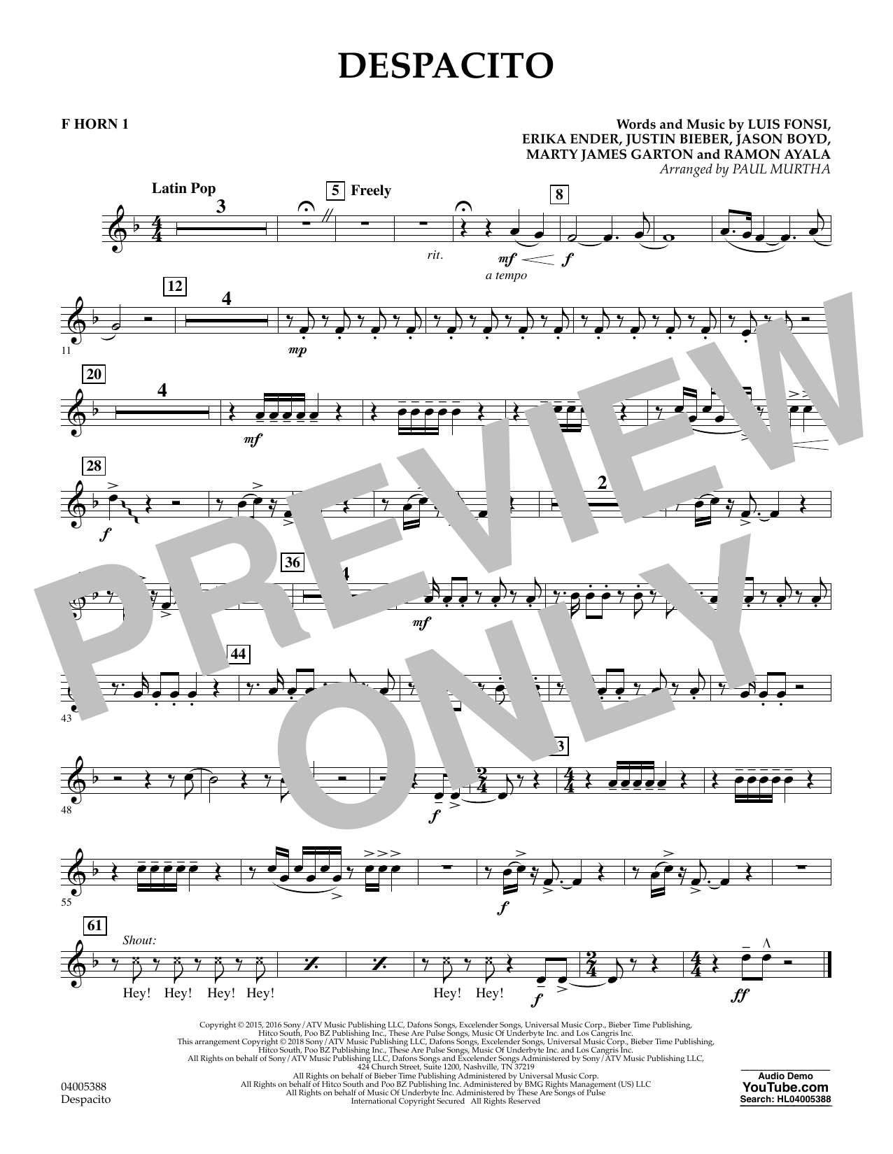 Luis Fonsi Daddy Yankee Feat Justin Bieber Despacito Arr Paul Murtha F Horn 1 Sheet Music Download Pdf Score 375519