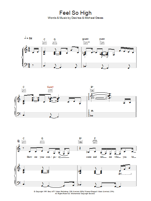 Des'ree Feel So High Sheet Music Notes & Chords for Piano, Vocal & Guitar - Download or Print PDF