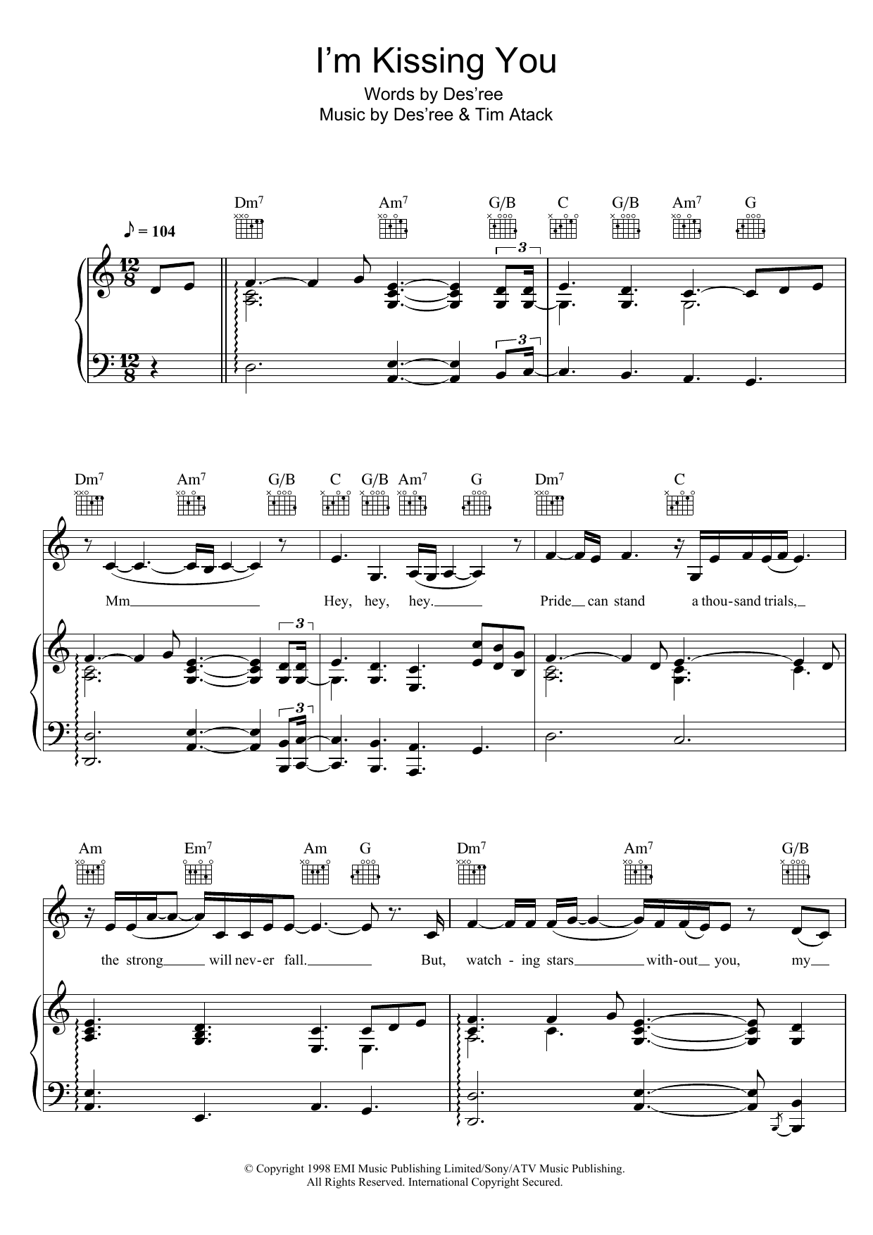 Des'ree I'm Kissing You Sheet Music Notes & Chords for Piano, Vocal & Guitar - Download or Print PDF