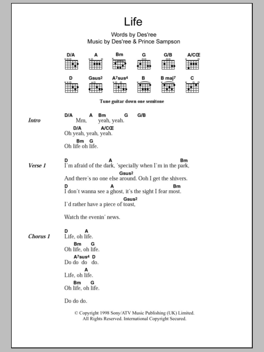 Des'ree Life Sheet Music Notes & Chords for Guitar Chords/Lyrics - Download or Print PDF