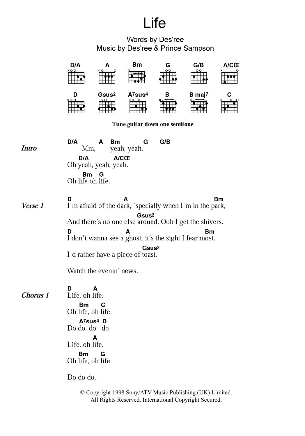 Des'ree Life Sheet Music Notes & Chords for Lyrics & Chords - Download or Print PDF