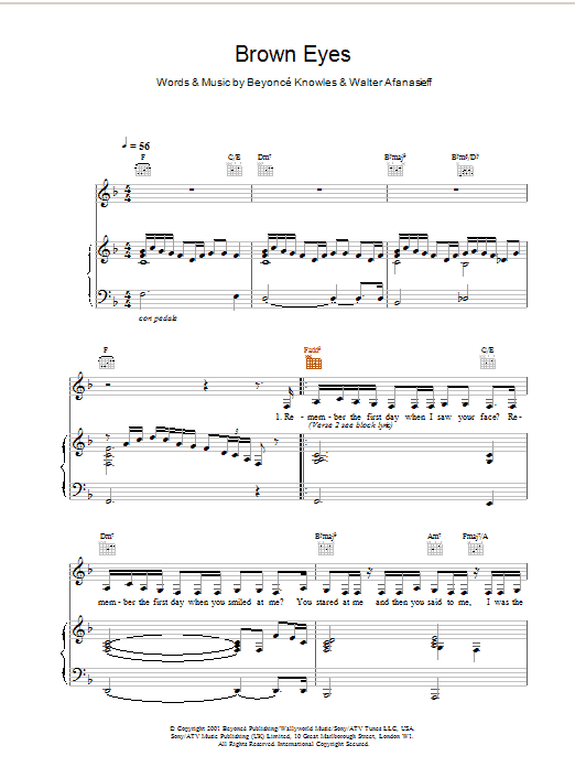 Preview Destiny's Child Brown Eyes R & B sheet music, notes and chords for Piano, Vocal & Guitar, SKU: 18900 Brown Eyes sheet music