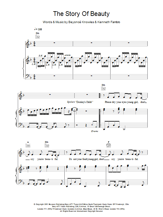 Preview Destiny's Child The Story Of Beauty R & B sheet music, notes and chords for Piano, Vocal & Guitar, SKU: 18867 The Story Of Beauty sheet music