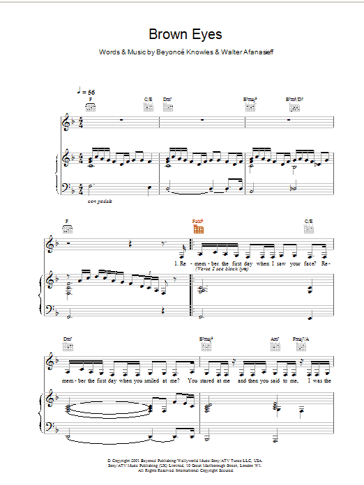 Destiny's Child Brown Eyes Sheet Music Notes & Chords for Piano, Vocal & Guitar - Download or Print PDF