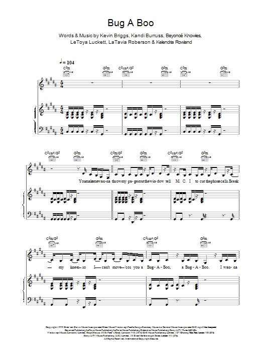 Destiny's Child Bug A Boo Sheet Music Notes & Chords for Piano, Vocal & Guitar (Right-Hand Melody) - Download or Print PDF