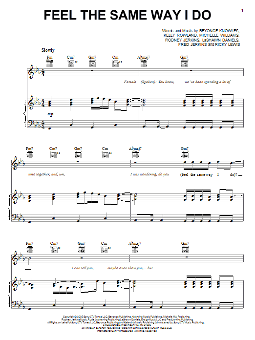 Destiny's Child Feel The Same Way I Do Sheet Music Notes & Chords for Piano, Vocal & Guitar (Right-Hand Melody) - Download or Print PDF