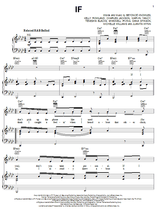 Destiny's Child If Sheet Music Notes & Chords for Piano, Vocal & Guitar (Right-Hand Melody) - Download or Print PDF