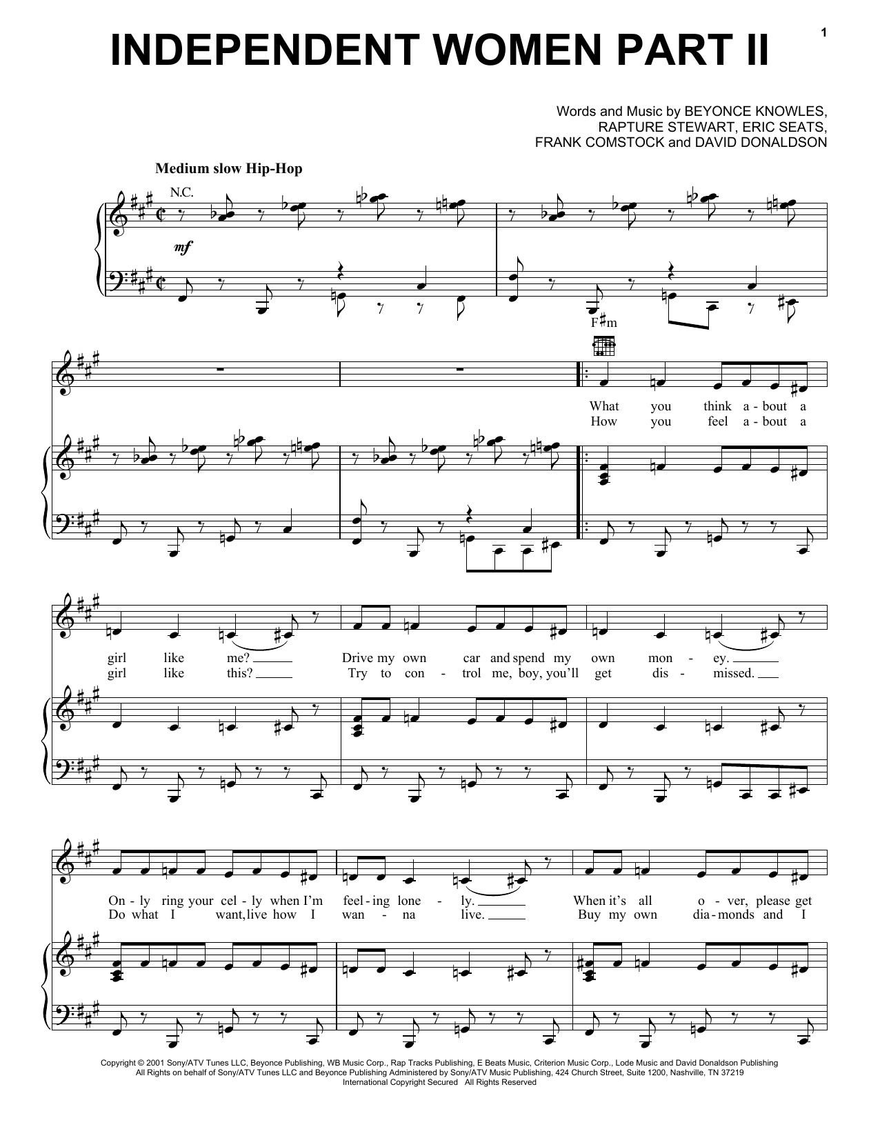 Destiny's Child Independent Women Part II Sheet Music Notes & Chords for Piano, Vocal & Guitar (Right-Hand Melody) - Download or Print PDF