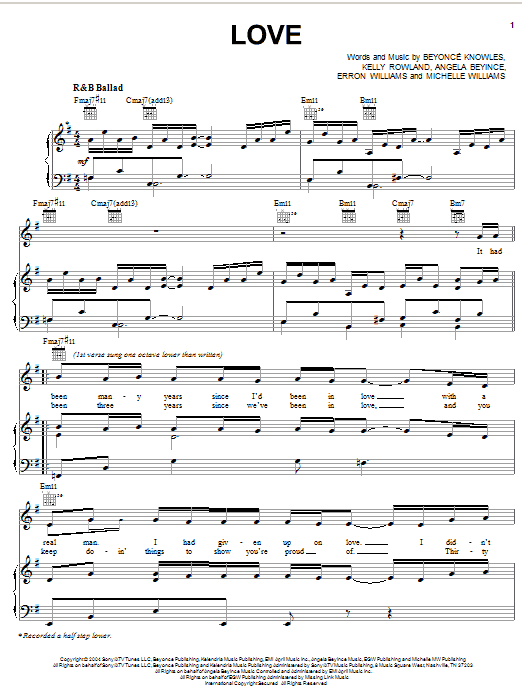 Destiny's Child Love Sheet Music Notes & Chords for Piano, Vocal & Guitar (Right-Hand Melody) - Download or Print PDF