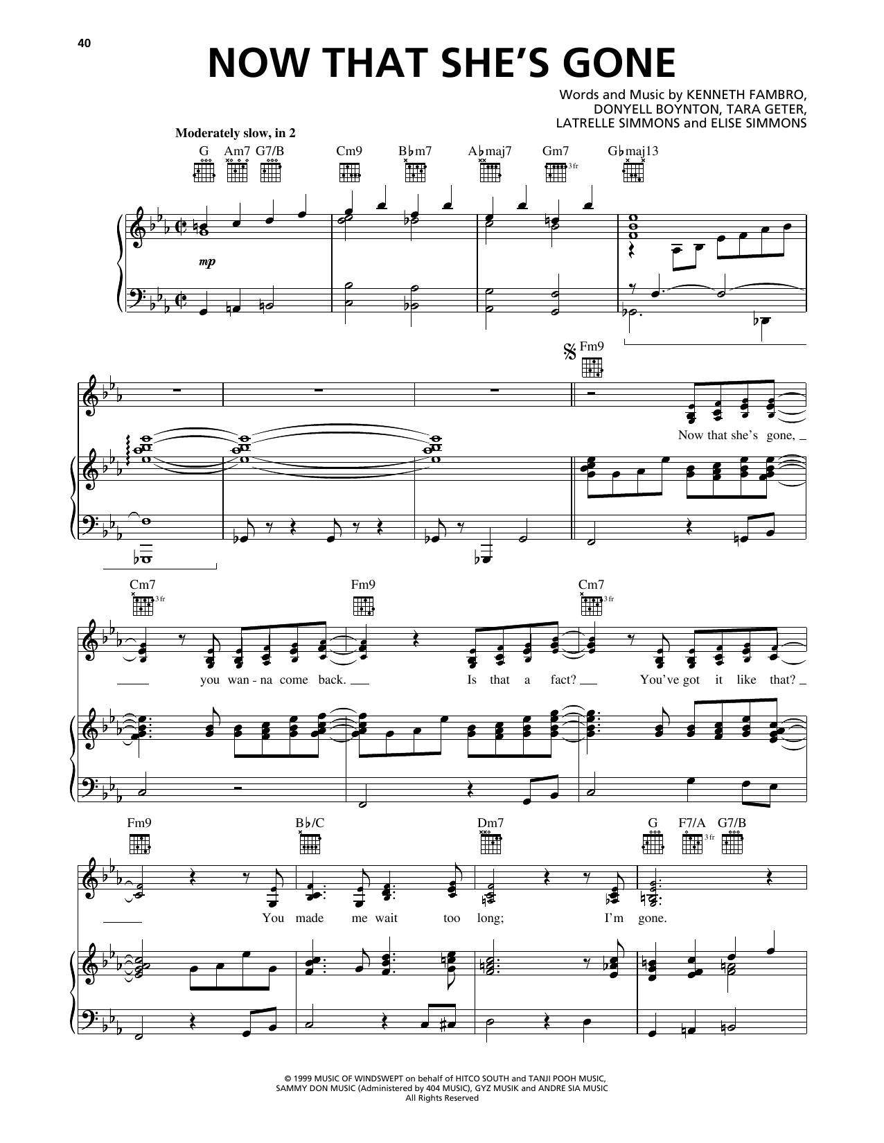 Destiny's Child Now That She's Gone Sheet Music Notes & Chords for Piano, Vocal & Guitar Chords (Right-Hand Melody) - Download or Print PDF