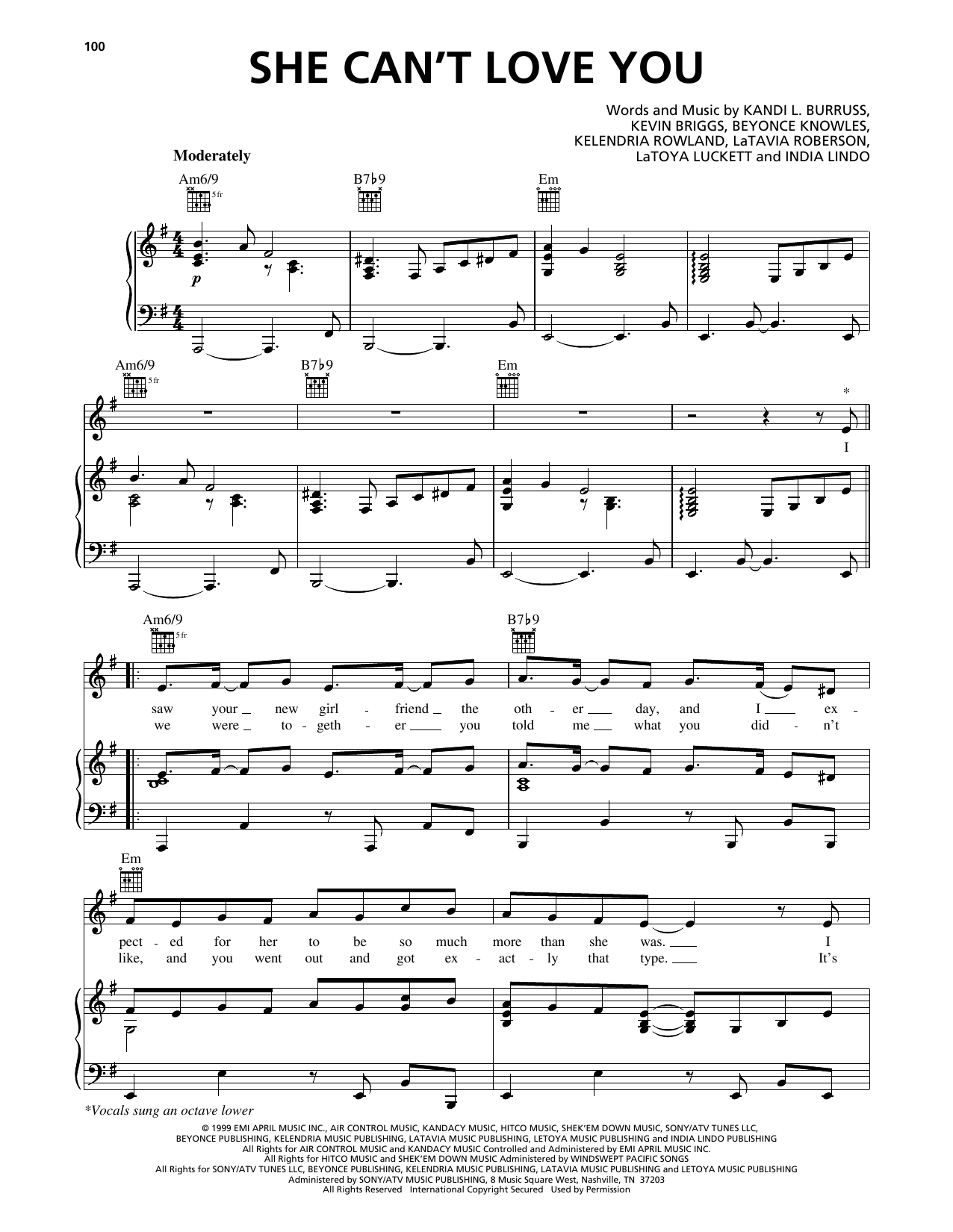 Destiny's Child She Can't Love You Sheet Music Notes & Chords for Piano, Vocal & Guitar Chords (Right-Hand Melody) - Download or Print PDF