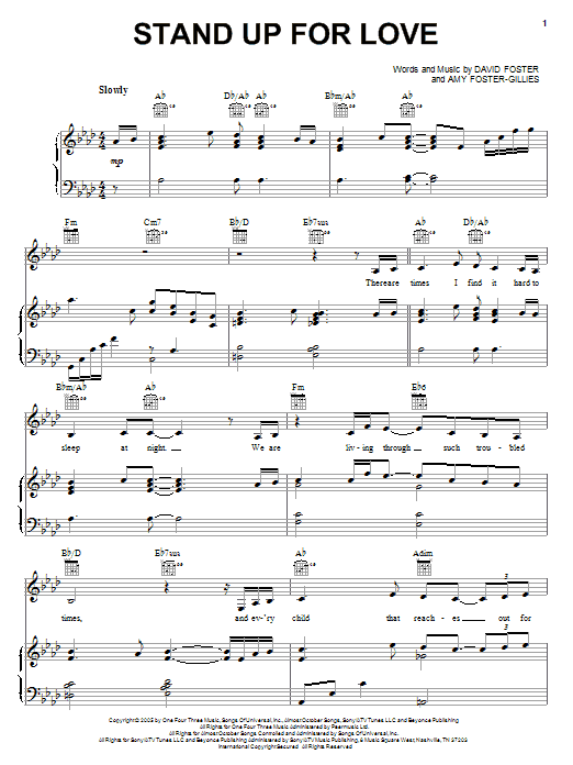 Destiny's Child Stand Up For Love Sheet Music Notes & Chords for Piano, Vocal & Guitar (Right-Hand Melody) - Download or Print PDF