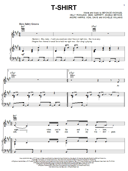 Destiny's Child T-Shirt Sheet Music Notes & Chords for Piano, Vocal & Guitar (Right-Hand Melody) - Download or Print PDF