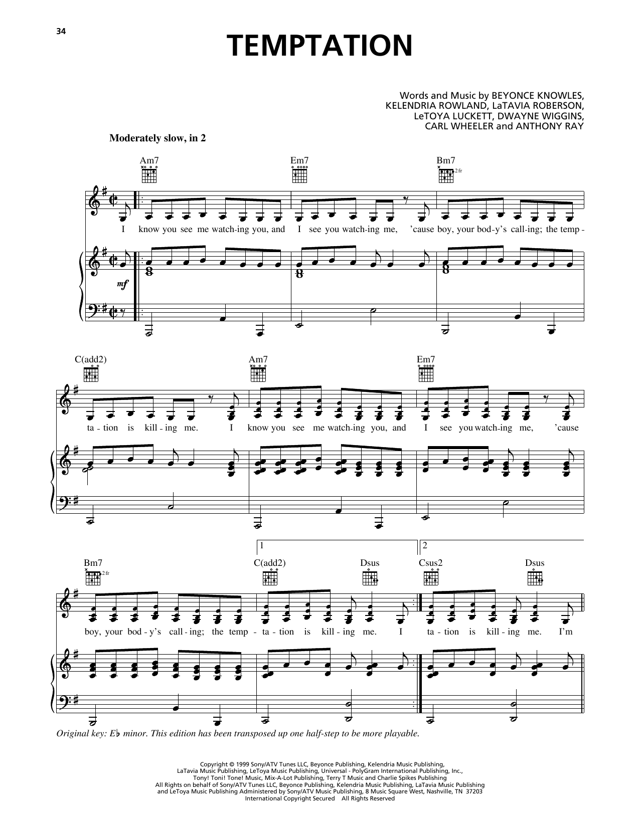 Destiny's Child Temptation Sheet Music Notes & Chords for Piano, Vocal & Guitar Chords (Right-Hand Melody) - Download or Print PDF