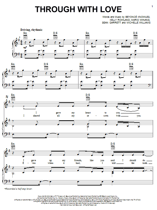 Destiny's Child Through With Love Sheet Music Notes & Chords for Piano, Vocal & Guitar (Right-Hand Melody) - Download or Print PDF