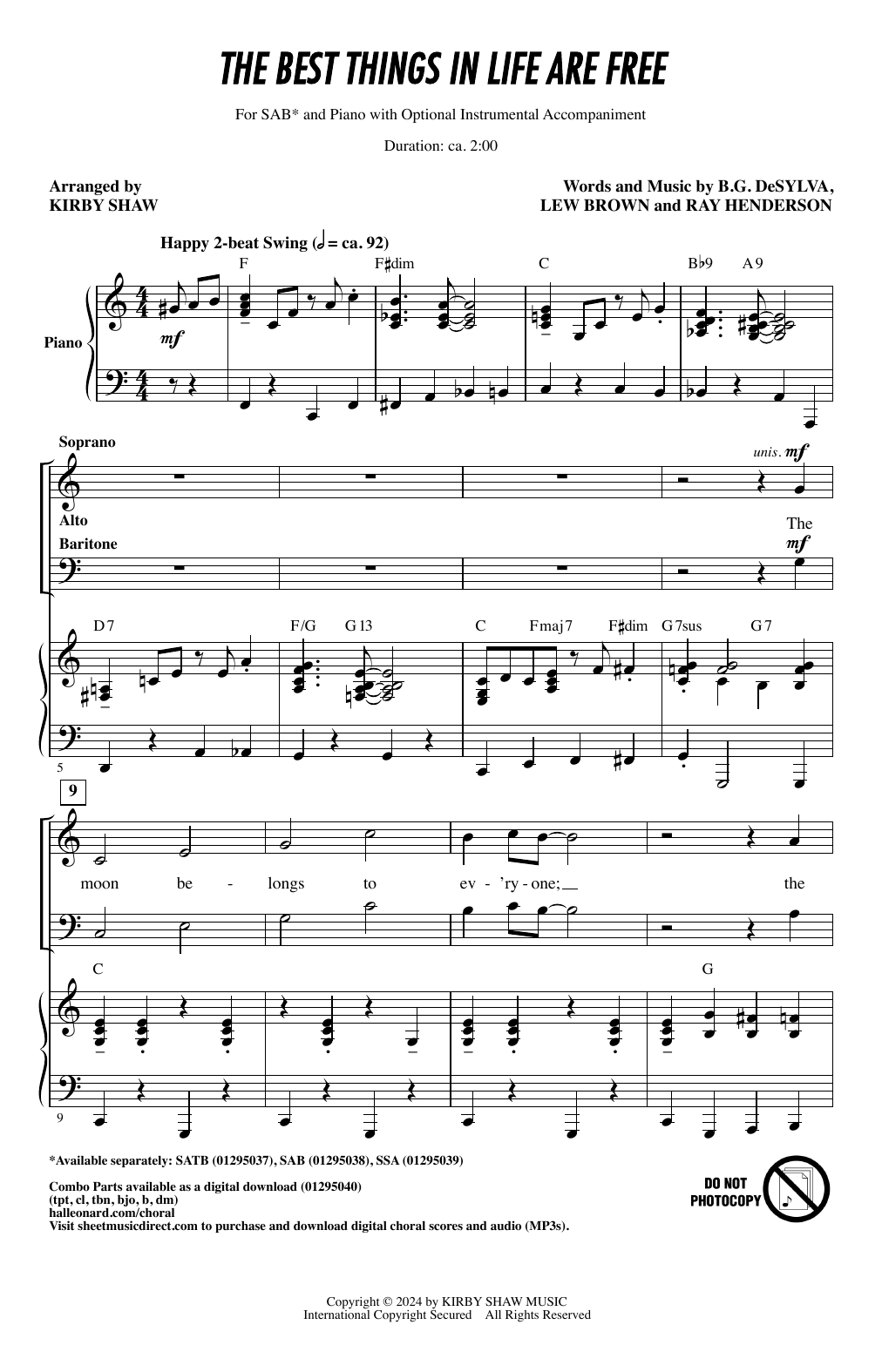 DeSylva, Brown & Henderson The Best Things In Life Are Free (arr. Kirby Shaw) Sheet Music Notes & Chords for SSA Choir - Download or Print PDF