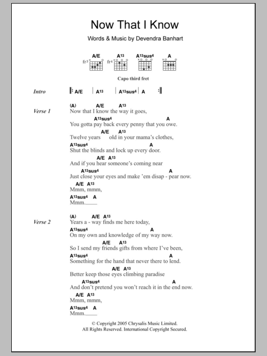 Devendra Banhart Now That I Know Sheet Music Notes & Chords for Lyrics & Chords - Download or Print PDF