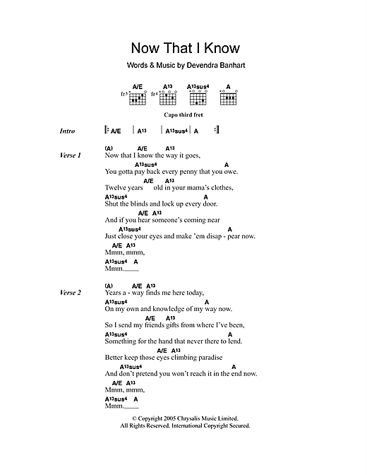 Devendra Banhart Now That I Know Sheet Music Notes & Chords for Lyrics & Chords - Download or Print PDF