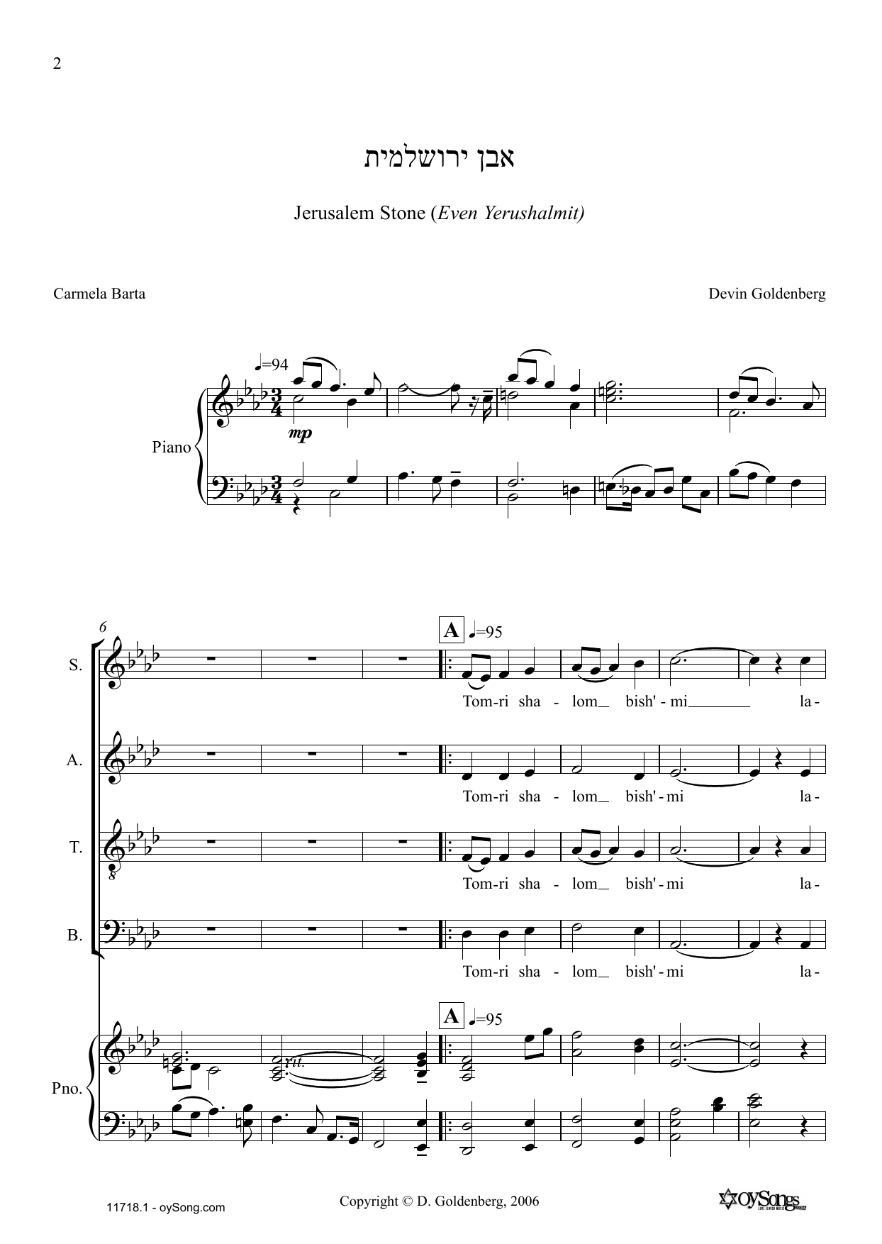 Devin Goldenberg Even Yerushalmit (Jerusalem Stone) Sheet Music Notes & Chords for SATB - Download or Print PDF