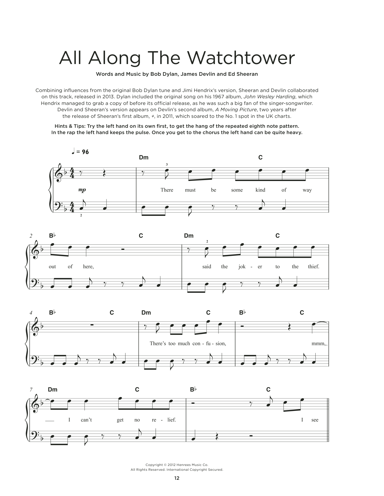 Devlin and Ed Sheeran All Along The Watchtower Sheet Music Notes & Chords for Really Easy Piano - Download or Print PDF