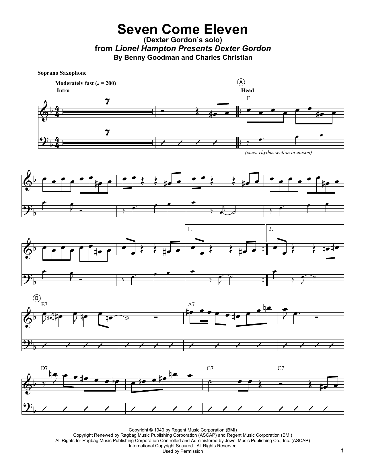 Dexter Gordon Seven Come Eleven Sheet Music Notes & Chords for Soprano Sax Transcription - Download or Print PDF
