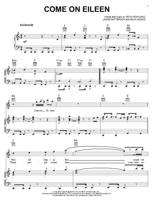 Preview Dexy's Midnight Runners Come On Eileen Pop sheet music, notes and chords for Piano, Vocal & Guitar, SKU: 23520 sheet music, piano notes, chords, guitar tabs, score, transpose, transcribe, how to play, guide, download, learn, tutorial, progression, song, artist, awards, billboard, mtv, vh1, tour, single, album, release