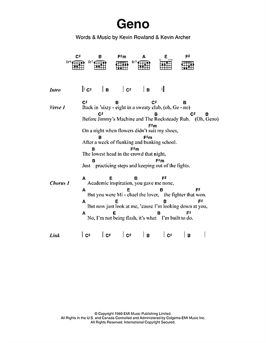Dexy's Midnight Runners Geno Sheet Music Notes & Chords for Lyrics & Chords - Download or Print PDF