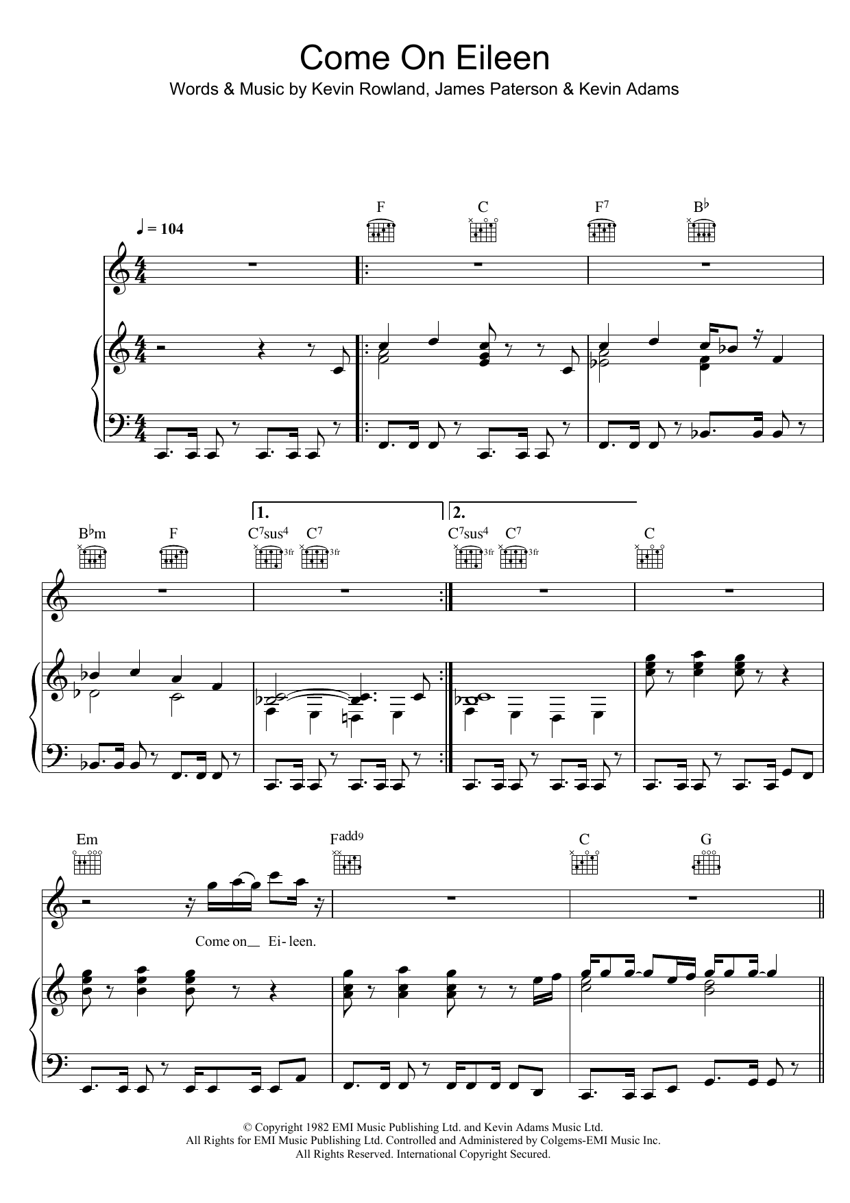 Dexys Midnight Runners Come On Eileen Sheet Music Notes & Chords for Melody Line, Lyrics & Chords - Download or Print PDF