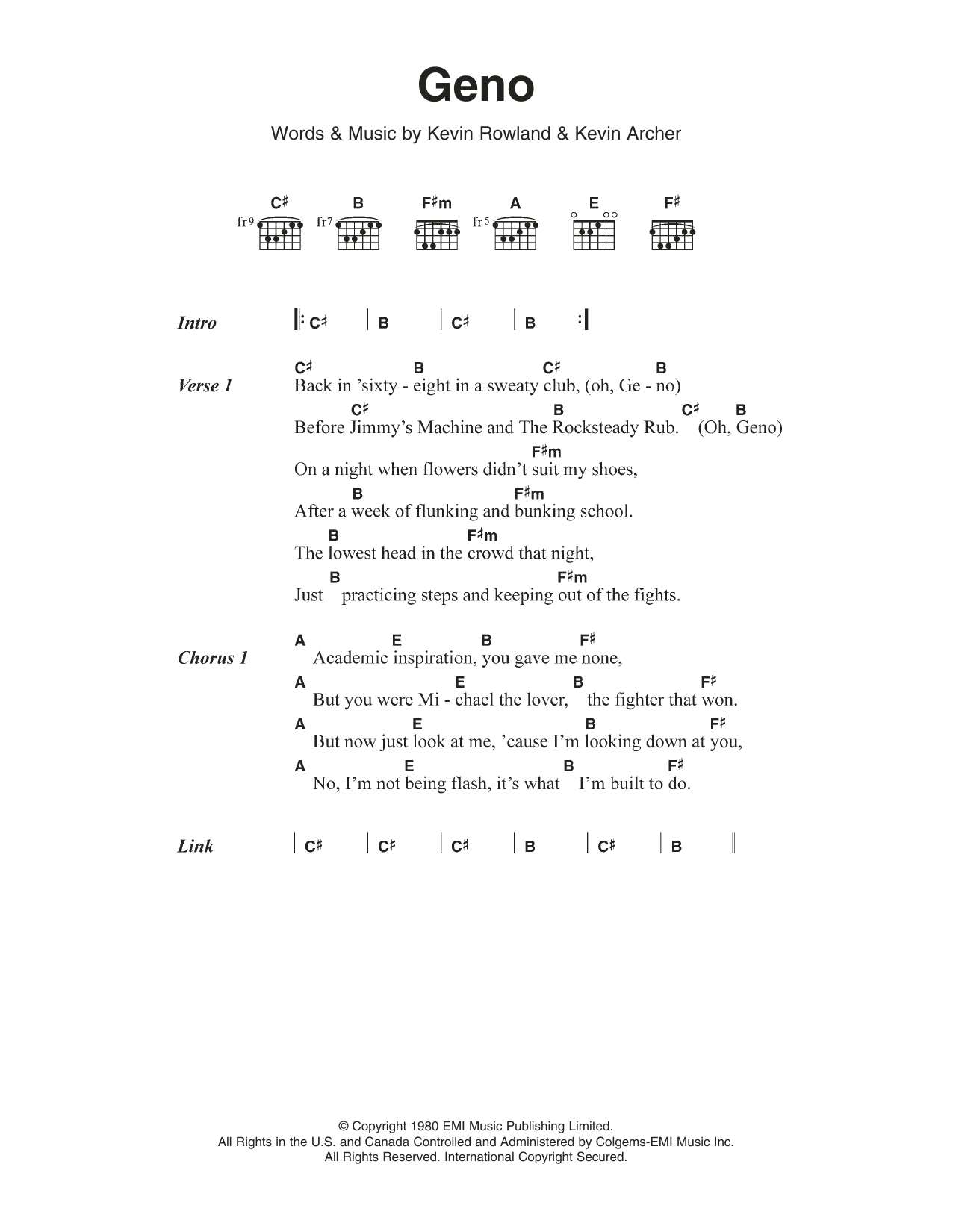 Dexy's Midnight Runners Geno Sheet Music Notes & Chords for Lyrics & Chords - Download or Print PDF