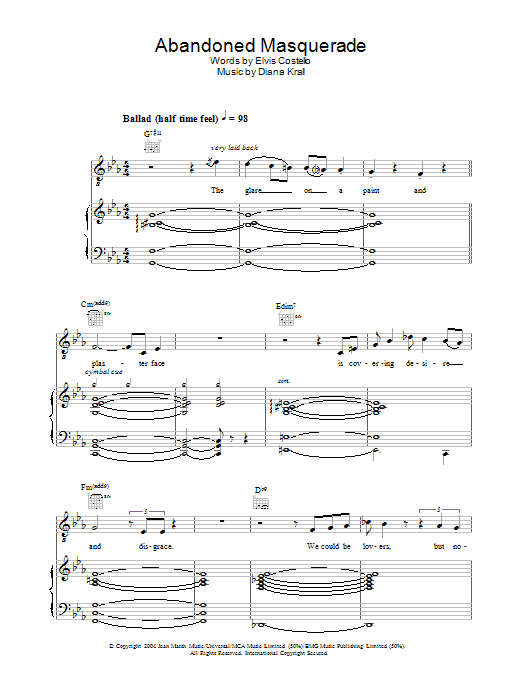 Diana Krall Abandoned Masquerade Sheet Music Notes & Chords for Piano, Vocal & Guitar - Download or Print PDF