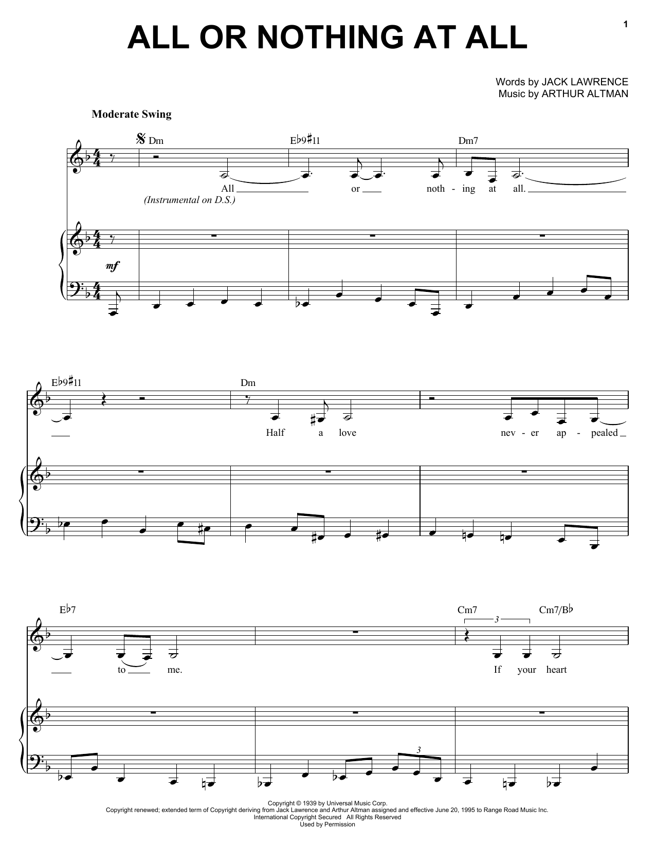 Diana Krall All Or Nothing At All Sheet Music Notes & Chords for Piano, Vocal & Guitar (Right-Hand Melody) - Download or Print PDF