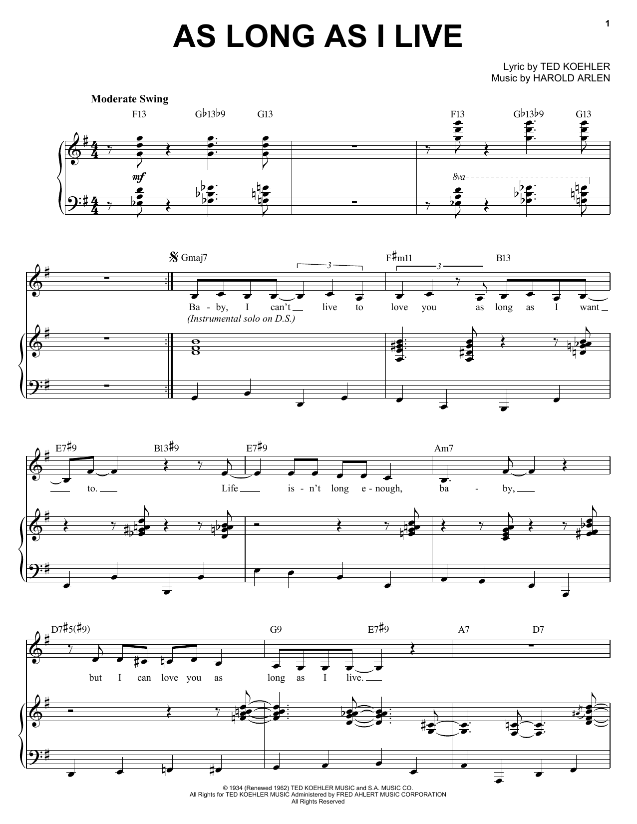 Diana Krall As Long As I Live Sheet Music Notes & Chords for Piano, Vocal & Guitar (Right-Hand Melody) - Download or Print PDF