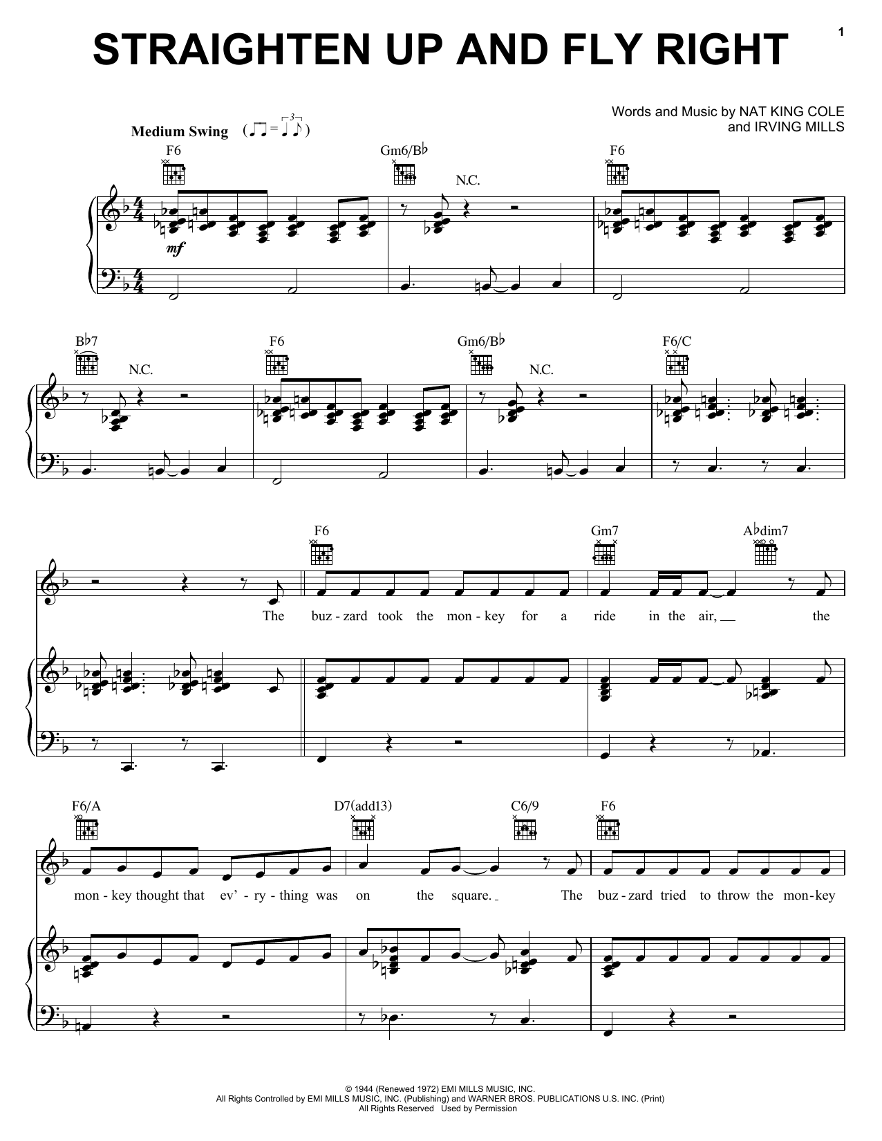 Diana Krall Straighten Up And Fly Right Sheet Music Notes & Chords for Piano, Vocal & Guitar (Right-Hand Melody) - Download or Print PDF