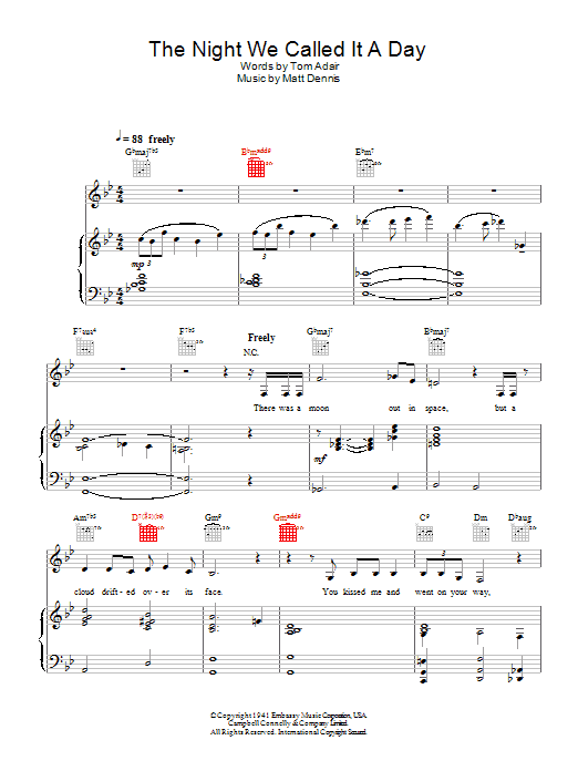 Diana Krall The Night We Called It A Day Sheet Music Notes & Chords for Piano, Vocal & Guitar - Download or Print PDF