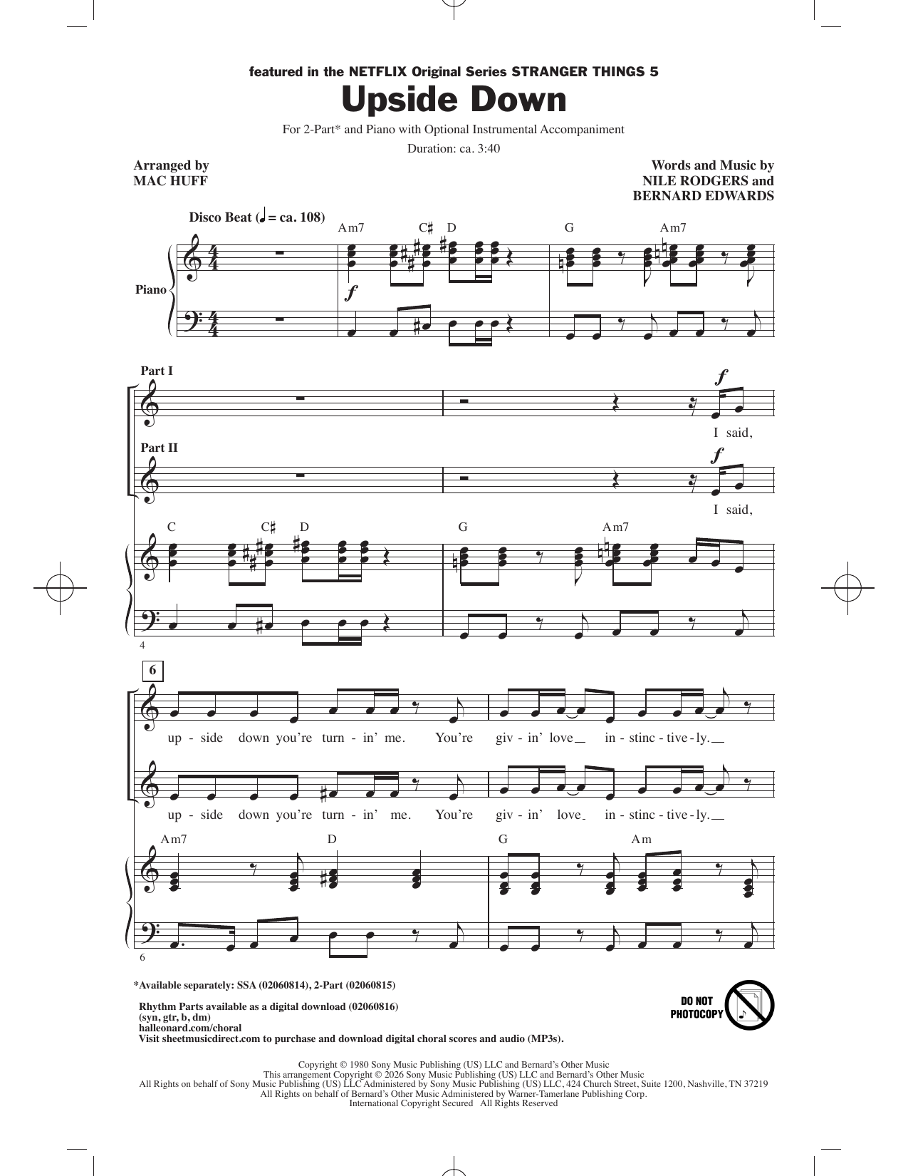Diana Ross Upside Down (featured in Stranger Things 5) (arr. Mac Huff) Sheet Music Notes & Chords for 2-Part Choir - Download or Print PDF