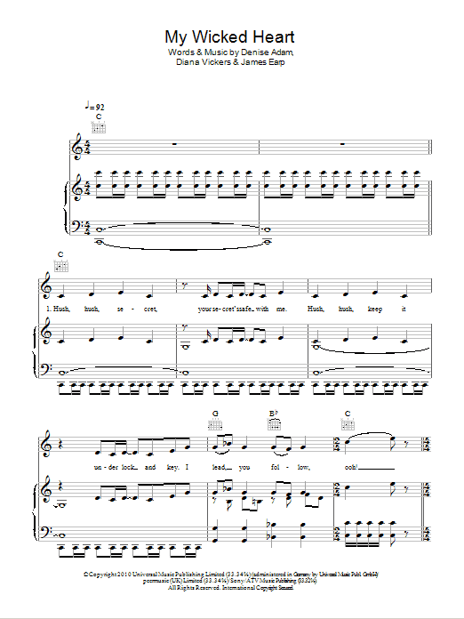 Diana Vickers My Wicked Heart Sheet Music Notes & Chords for Piano, Vocal & Guitar (Right-Hand Melody) - Download or Print PDF