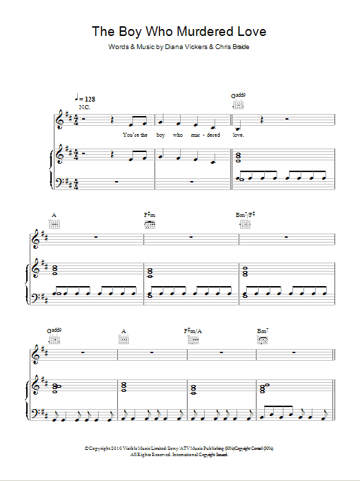 Diana Vickers The Boy Who Murdered Love Sheet Music Notes & Chords for Piano, Vocal & Guitar (Right-Hand Melody) - Download or Print PDF