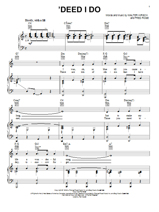 Preview Diana Krall 'deed I Do Jazz sheet music, notes and chords for Melody Line, Lyrics & Chords, SKU: 33938 'deed I Do sheet music