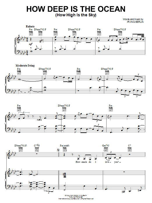 Preview Diana Krall How Deep Is The Ocean (How High Is The Sky) Film/TV sheet music, notes and chords for Piano, Vocal & Guitar (Right-Hand Melody), SKU: 53179 How Deep Is The Ocean (How High Is The Sky) sheet music