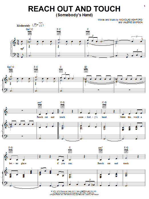 Preview Diana Ross Reach Out And Touch (Somebody's Hand) Rock sheet music, notes and chords for Piano, Vocal & Guitar (Right-Hand Melody), SKU: 22281 Reach Out And Touch (Somebody's Hand) sheet music