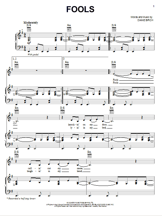 Diane Birch Fools Sheet Music Notes & Chords for Piano, Vocal & Guitar (Right-Hand Melody) - Download or Print PDF