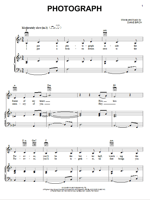 Diane Birch Photograph Sheet Music Notes & Chords for Piano, Vocal & Guitar (Right-Hand Melody) - Download or Print PDF