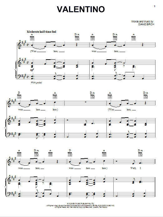 Diane Birch Valentino Sheet Music Notes & Chords for Piano, Vocal & Guitar (Right-Hand Melody) - Download or Print PDF