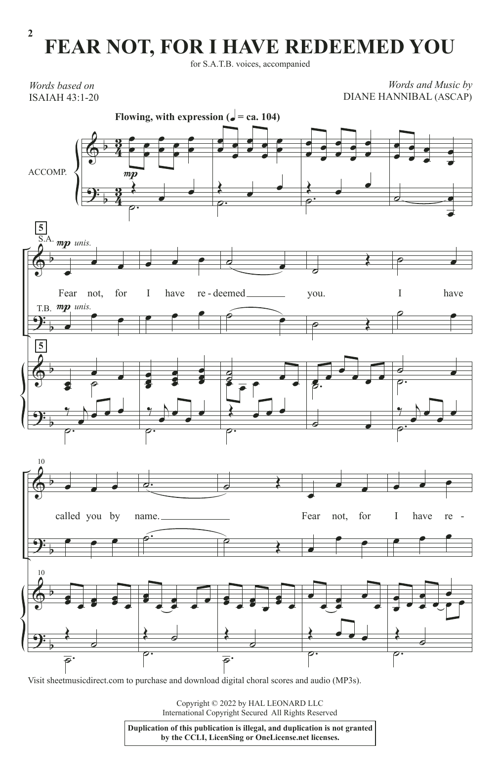 Diane Hannibal Fear Not, For I Have Redeemed You Sheet Music Notes & Chords for SATB Choir - Download or Print PDF